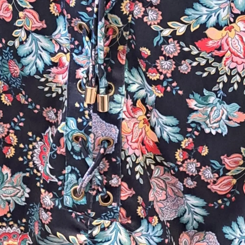 Thomas & Olivia Boho Multicolor Floral Ruched V-Neck Lace-Up Top NWOT  Medium